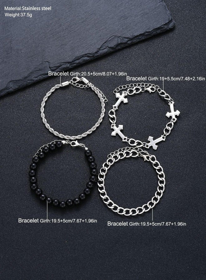 MarveBard 4 PCS Stainless Steel Cross Bracelets for Men Women Stainless Steel Cuban Link Bracelet Handmade Bead Link Punk Style Stackable Layered Cross Chain Bracelet Set Adjustable Punk Jewelry for Men (Silver) - Image 5